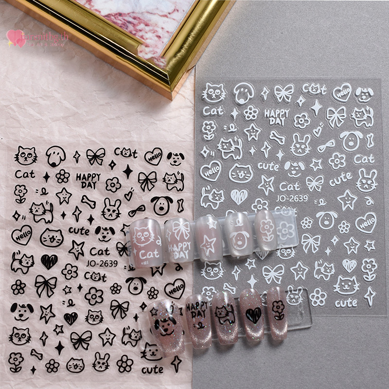 Renbg การ์ตูนสุนัขแมว Graffiti เล็บสติกเกอร์สามมิติดอกไม้ผีเสื้อรูปแบบ Enhancement กาว DIY เล็บผู้ที่ชื่นชอบ TH