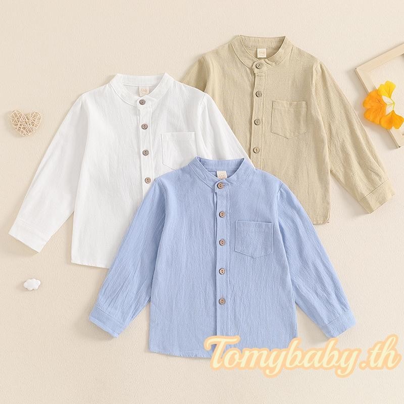 Tomybaby-kids Boys เสื้อสีทึบกระเป๋าหน้าอกแขนยาวปุ่มด้านหน้าฤดูใบไม้ร่วง Tops