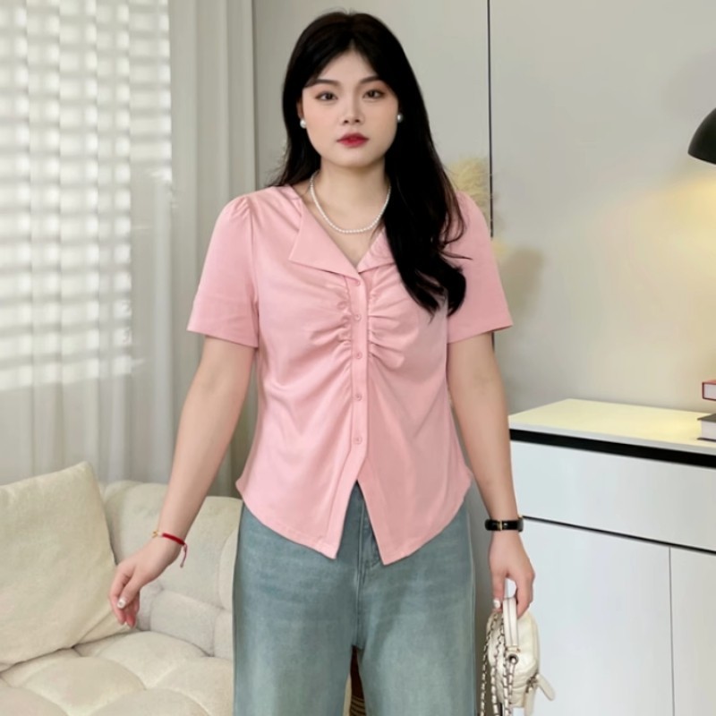 ขนาดบวกผิดปกติจีบแขนสั้นเสื้อยืดสำหรับผู้หญิงในช่วงฤดูร้อนใหม่สาวอวบแฟชั่นเก๋ด้านบน