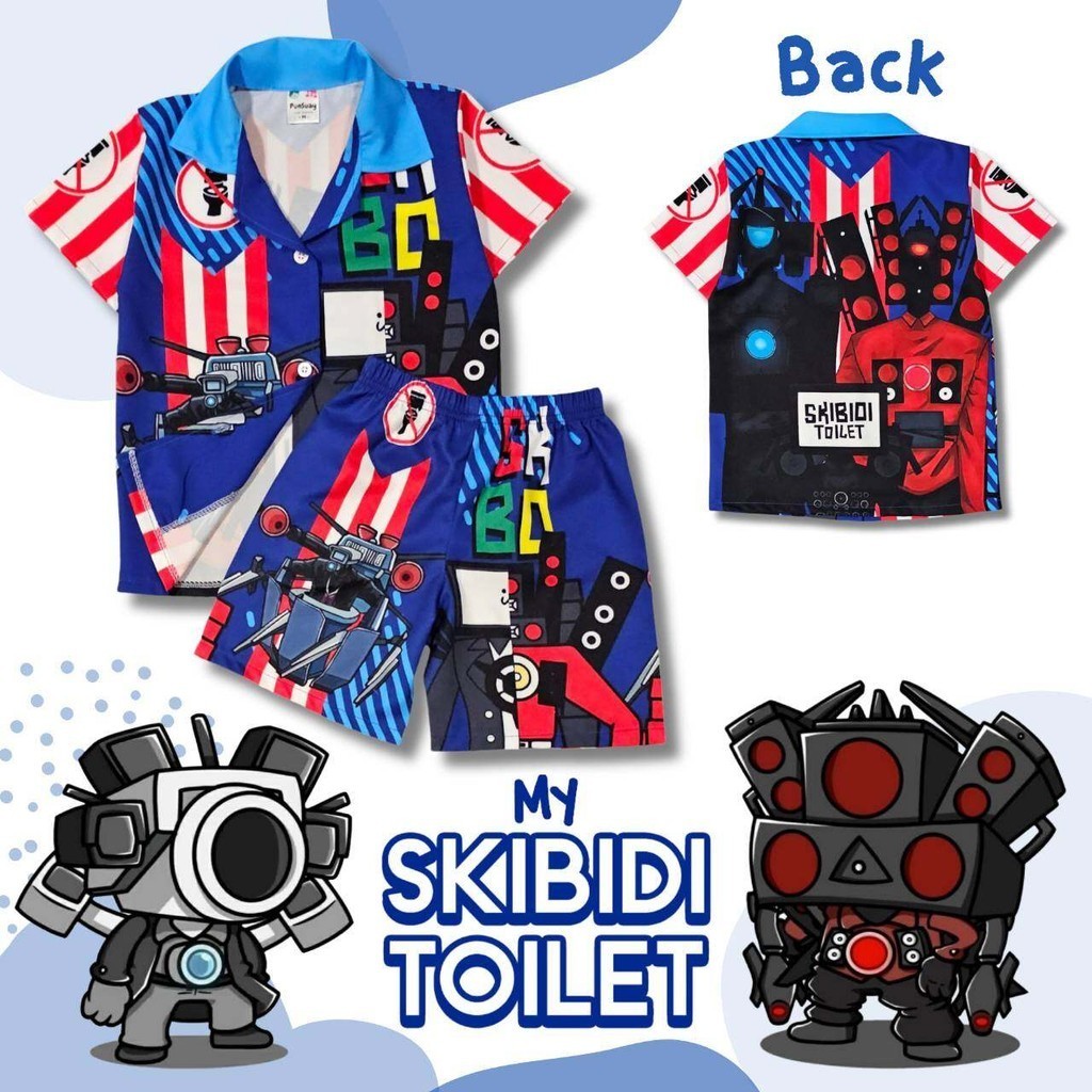 SKBD0948#3 ชุดเด็ก เซ็ตเสื้อฮาวาย+กางเกงขาสั้น ผ้าไหมอิตาลี ลายการ์ตูนสกิบิดี้ เสื้อผ้าเด็กแฟชั่น ชุดเที่ยวทะเล