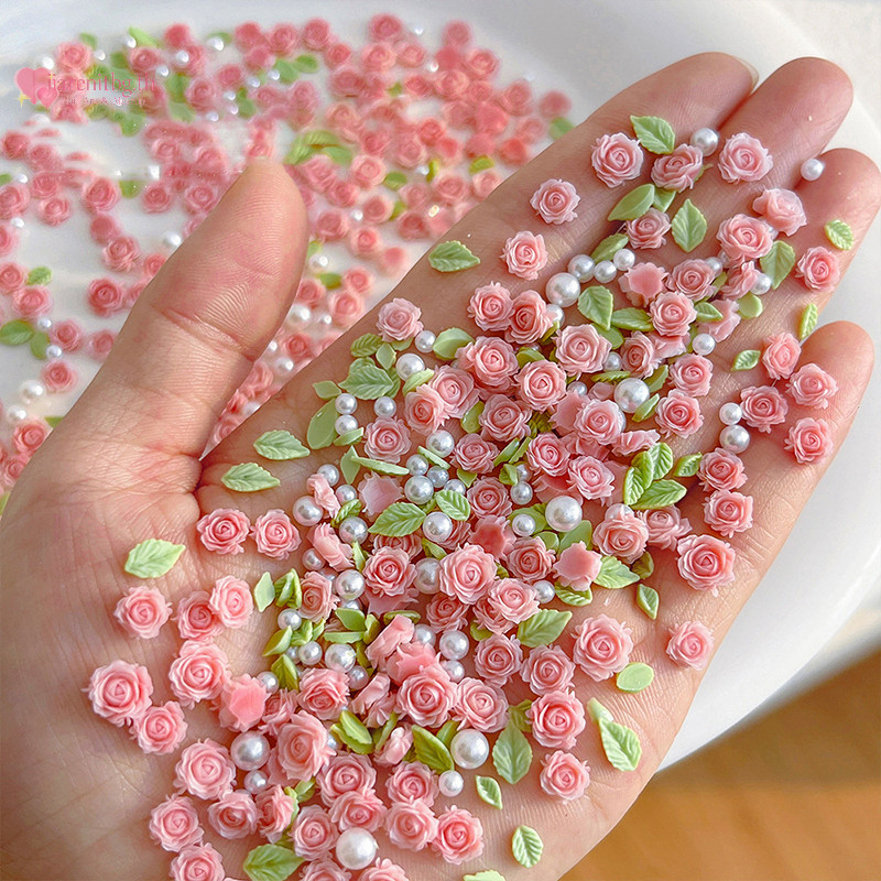 Renbg 50pcs 3D ขนาด 6/7/8 มม.ดอกไม้เรซิ่น Rose เล็บ Ch อุปกรณ์เสริมสีชมพู Rose สีแดงเล็บ Decoratons อุปกรณ์ DIY TH