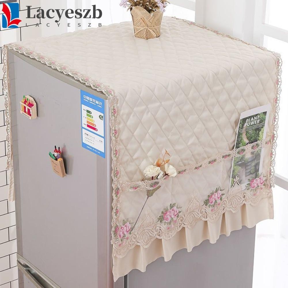 Lacyeszb ผ้าคลุมกันฝุ่นตู้เย็น กระเป๋าลูกไม้ ซักแฟชั่น|ผ้าคลุม ตกแต่งตู้ ผ้าฝ้ายโพลีเอสเตอร์ 55*140 ซม. เตาอบไมโครเวฟมัลติฟังก์ชั่น กันฝุ่น ห้องครัว