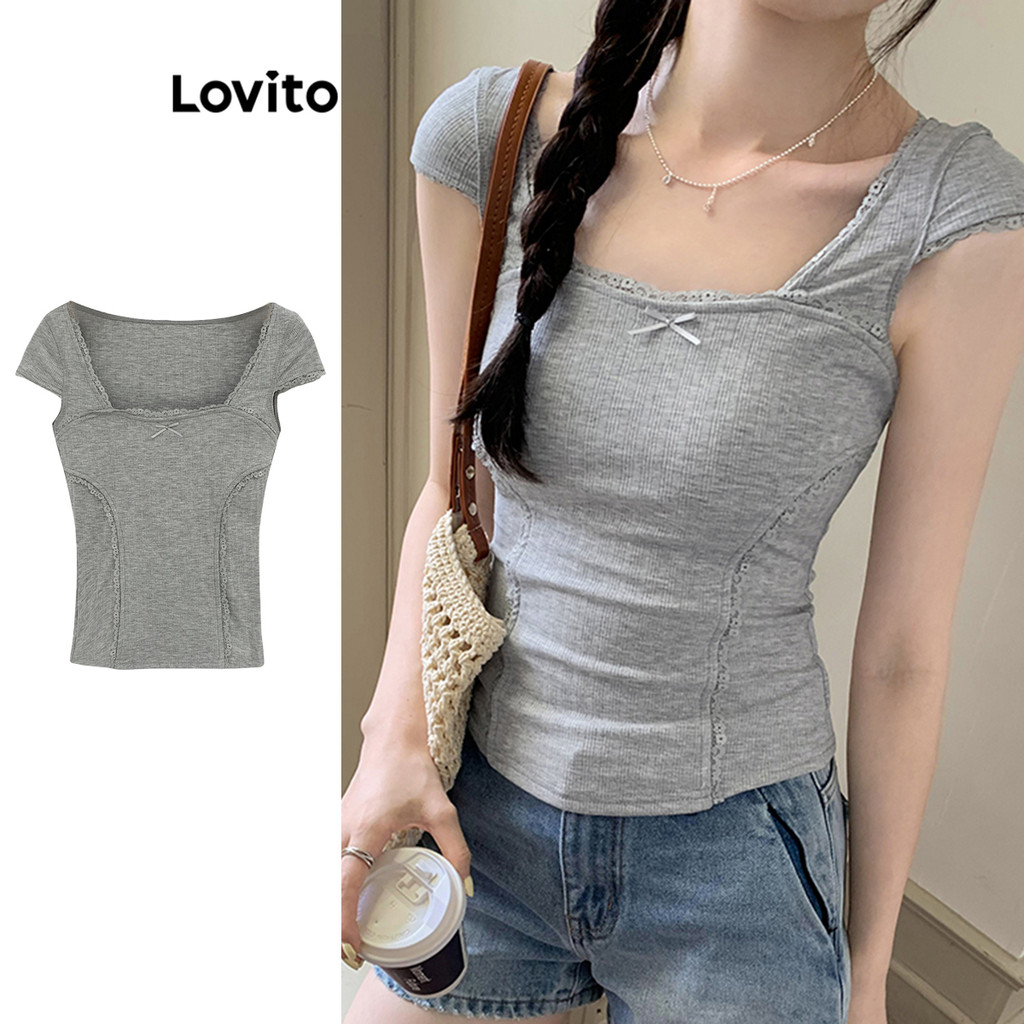 Lovito เสื้อยืดลูกไม้ธรรมดาสำหรับผู้หญิง LNE74479