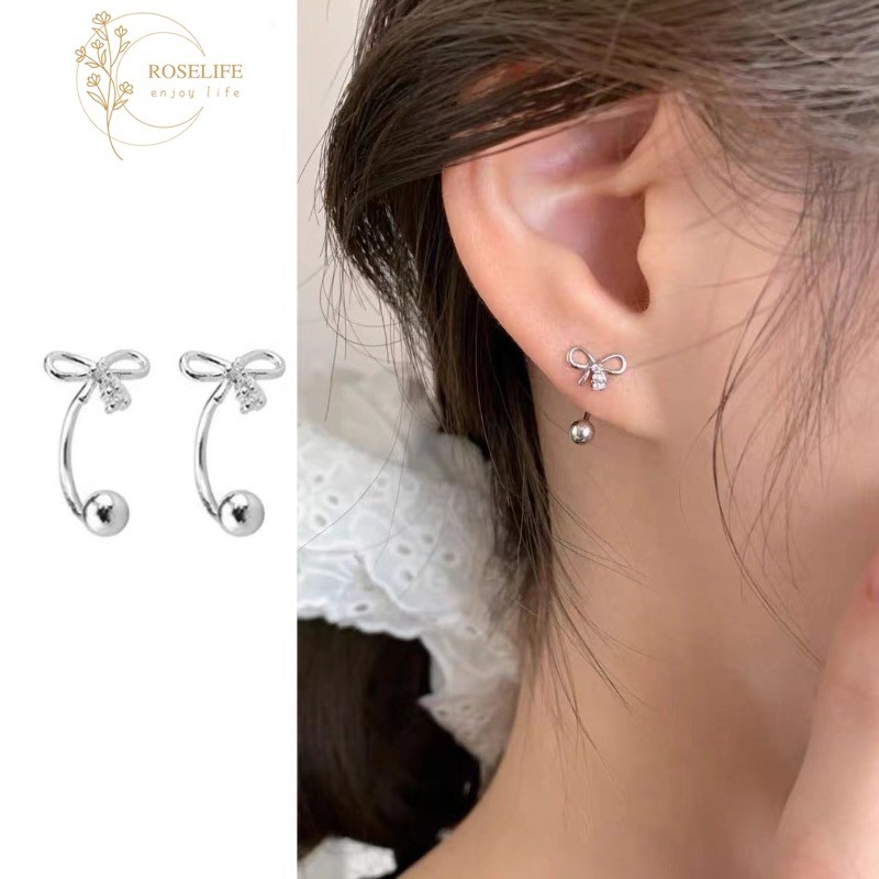 Roselife S925 เงิน Elegant Gentle Delicate คริสตัลโบว์สกรูต่างหูผู้หญิงสาว Graceful หมั้น Party Pirced Bowknot หู Studs เครื่องประดับทุกวันอุปกรณ์เสริม