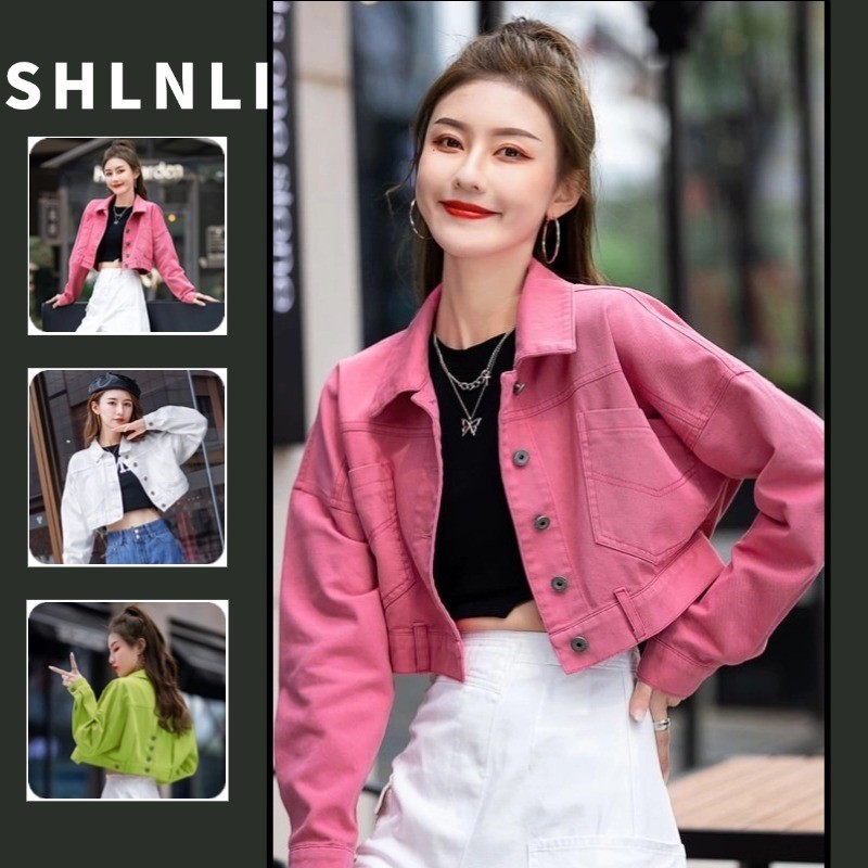 ฤดูใบไม้ผลิฤดูใบไม้ร่วงแจ็คเก็ตยีนส์สั้นผู้หญิงหลวมสบายๆสีทึบเสื้อบาง