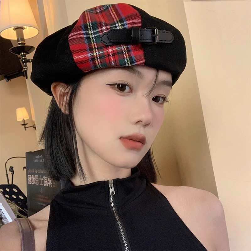 ลายสก๊อตเย็บหมวกเบเร่ต์หญิงอังกฤษย้อนยุคจิตรกรหมวกที่สวยงามญี่ปุ่นแปดเหลี่ยมหมวก
