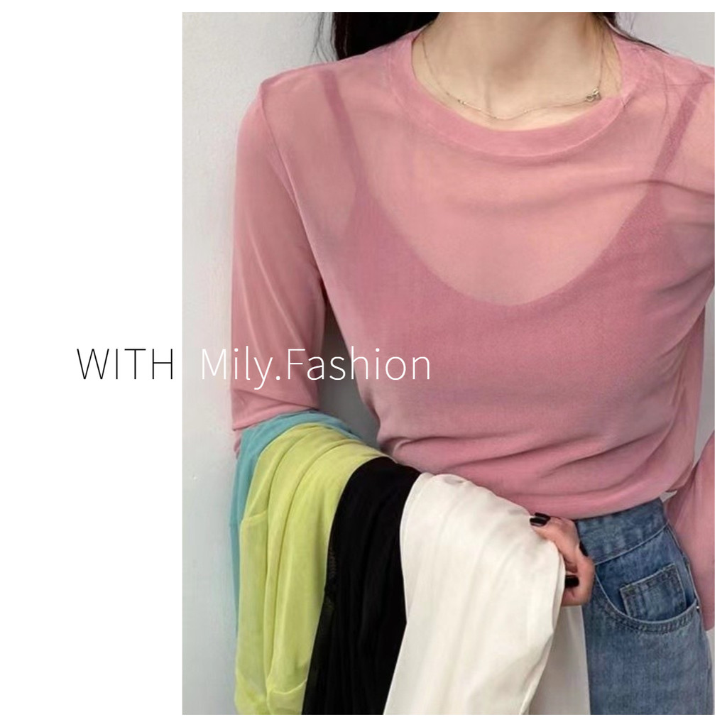 Milyfashion เสื้อยืดแขนยาว ผ้าเรยอน โปร่งแสง สีแคนดี้ แฟชั่นฤดูร้อน