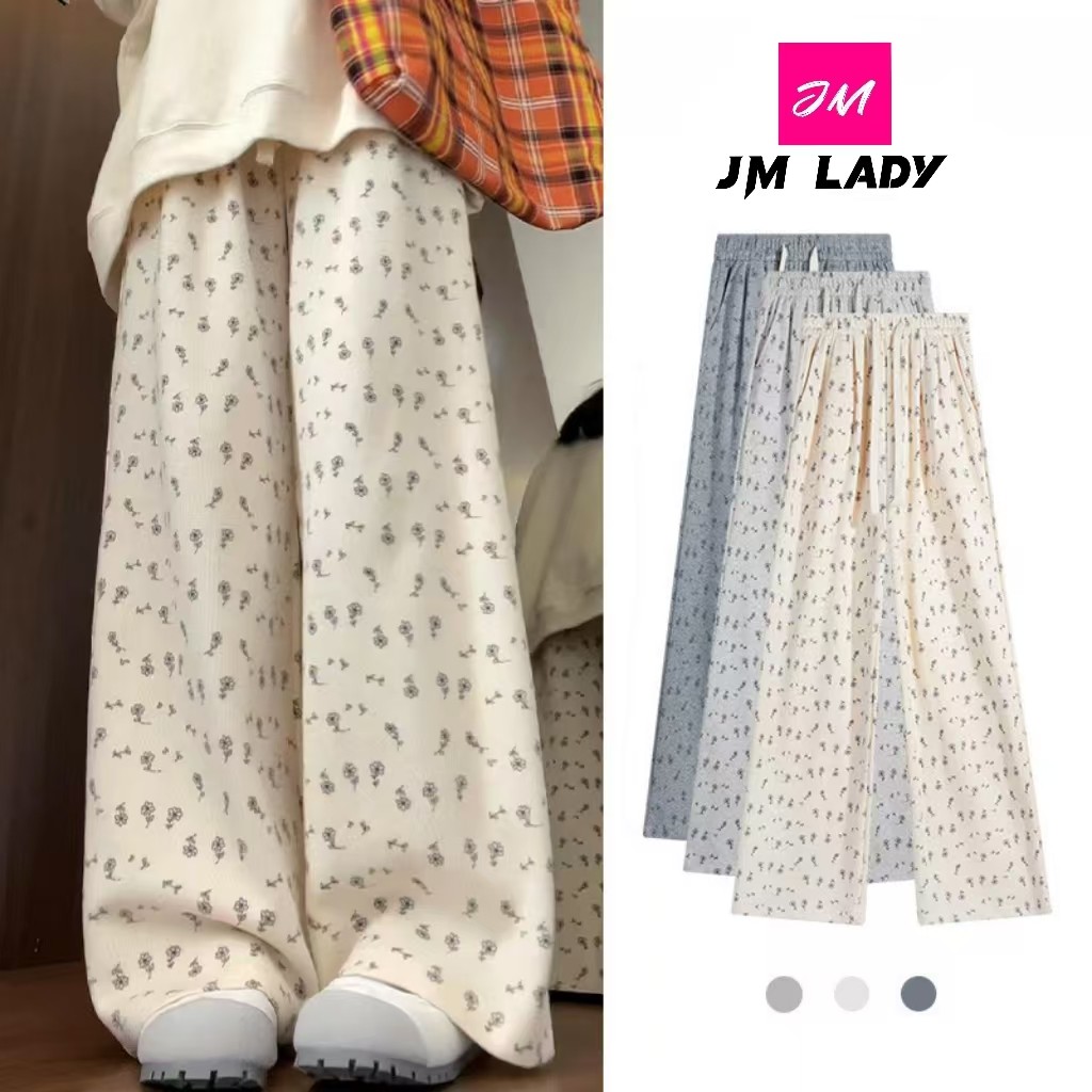 กางเกงเอวสูง polka dot ผ้ายืด กางเกงทรงกระบอก กางเกงวอร์มขากว้างลําลองพอดีตัว พิมพ์ลายดอกไม้ กระเป๋าตรง