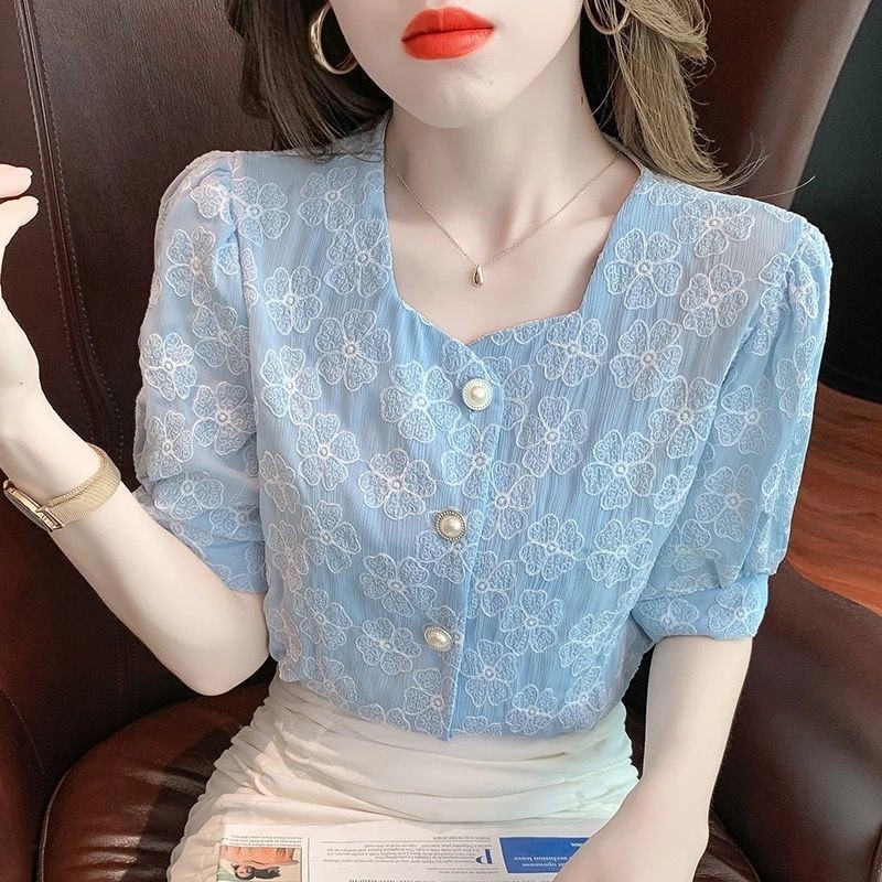 เสื้อชีฟองแขนฟองผู้หญิงเสื้อผ้าฤดูร้อนใหม่อินเทรนด์เก๋เสื้ออารมณ์บางแขนสั้นด้านบนเสื้อผ้า