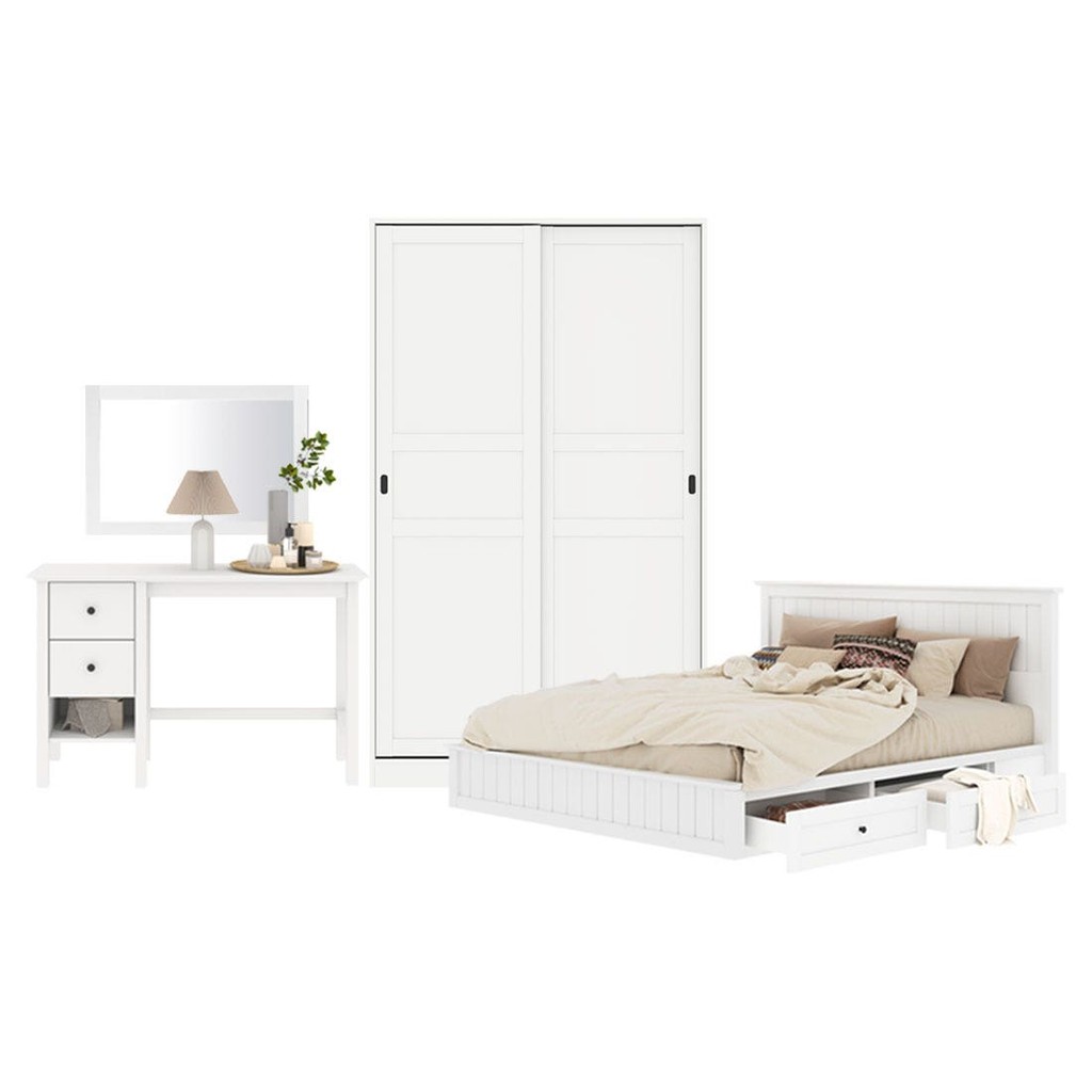 Koncept Furniture ชุดห้องนอน ขนาด 6 ฟุต แบบลิ้นชัก รุ่น Moneta & ตู้เสื้อผ้าขนาด 120 ซม. สีไม้อ่อน  แบรนด์ KONCEPT FURNI