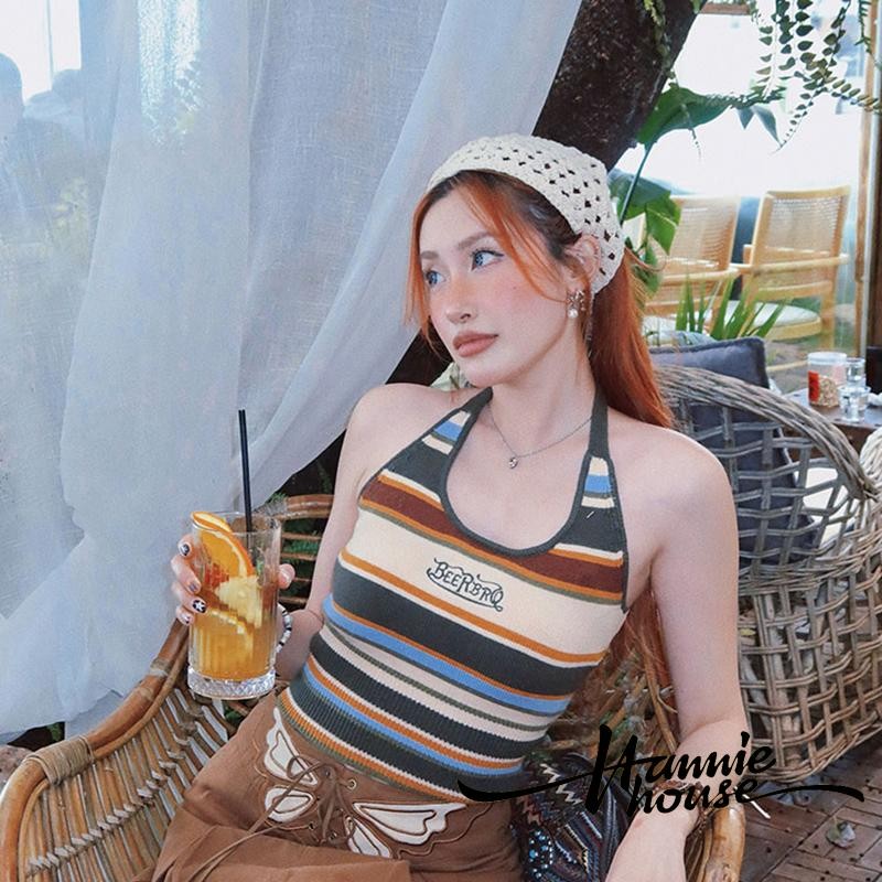 Hanie House- เสื้อคล้องคอลายทางถักเปิดหลังสําหรับผู้หญิง