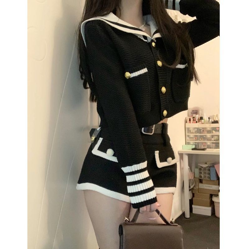 Shorts College Classic Style Two-Piece Short Top Knitted2024Suit Autumn and Winter Sailor Collar High Waist Cardigan New