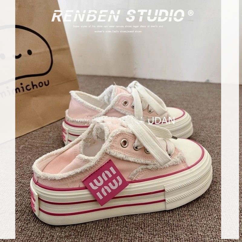 เหรินเบน สุภาพสตรีฤดูร้อนใหม่สบายๆอเนกประสงค์สีชมพูพู่รองเท้าผ้าใบพื้นหนา
