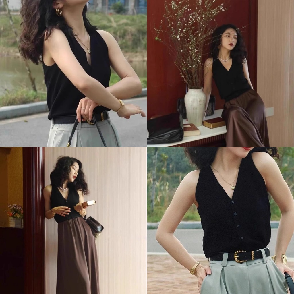 Bonnie ​เสื้อกล้ามไหมพรม คอวี แขนกุด กระดุมหน้า เซ็กซี่ สีพื้น สำหรับผู้หญิง สไตล์มินิมอลน่ารักๆสบาย#05016