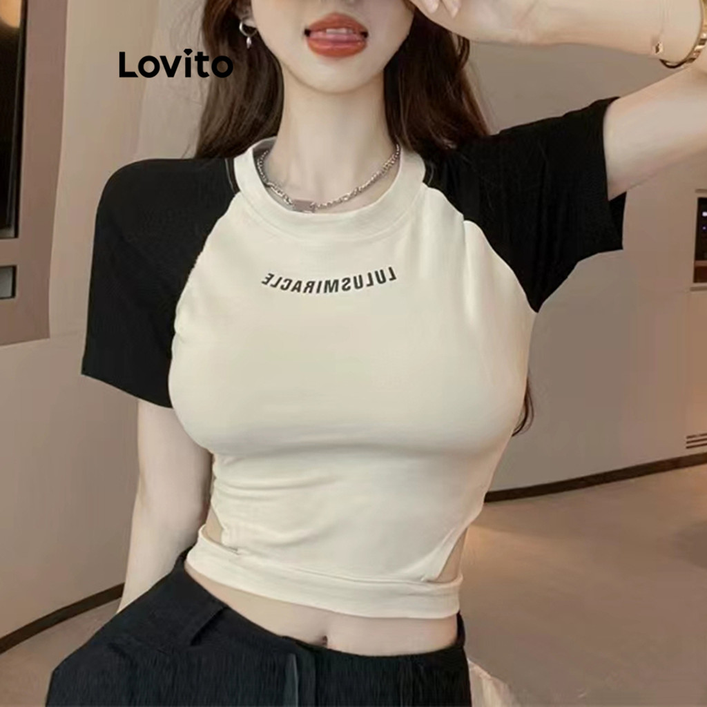 Lovito เสื้อยืด บล็อกสี ลำลองสำหรับผู้หญิง LNA74363
