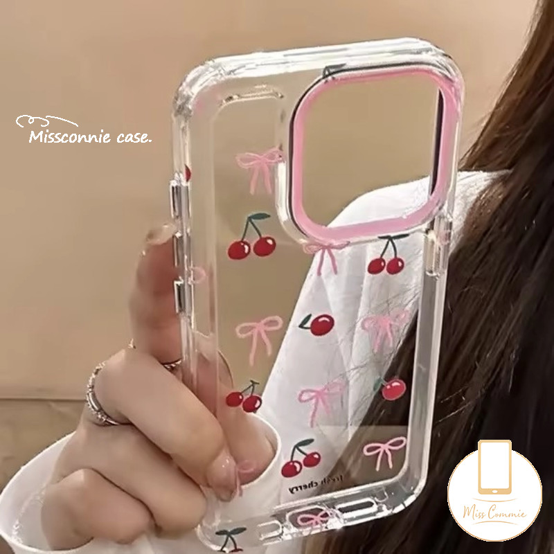คู่การ์ตูนน่ารักสีชมพูโบว์เชอร์รี่สดสร้อยข้อมือสําหรับ IPhone 15 16 11 12 14 13 Pro Max XR 7Plus XS Max X 14 7 15 8 Plus SE แฟชั่น Bowknot โปร่งใสนุ่มกรณี