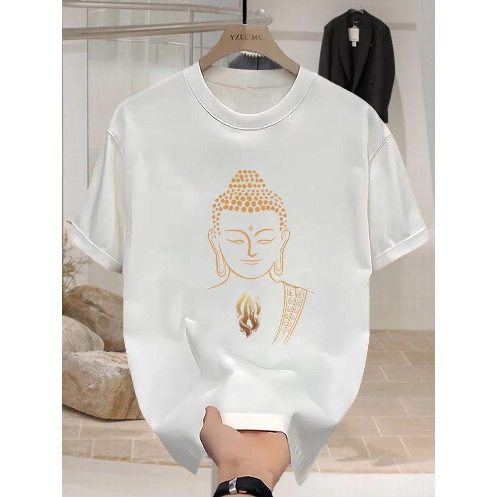 เสื้อยืดทรงหลวมสไตล์จีน สำหรับผู้ชายและผู้หญิง พิมพ์ลายพระพุทธเจ้า คอกลมเล็ก วัสดุผ้าฝ้าย อเนกประสงค์ มีสไตล์ แขนสั้น