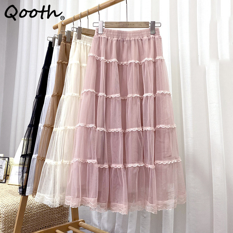 ผู้หญิงสบายๆสีทึบลูกไม้tulleกระโปรงelegant Elasticเอวเค้กตาข่ายA-Lineกระโปรงสําหรับฤดูใบไม้ผลิฤดูร้อนQT2427