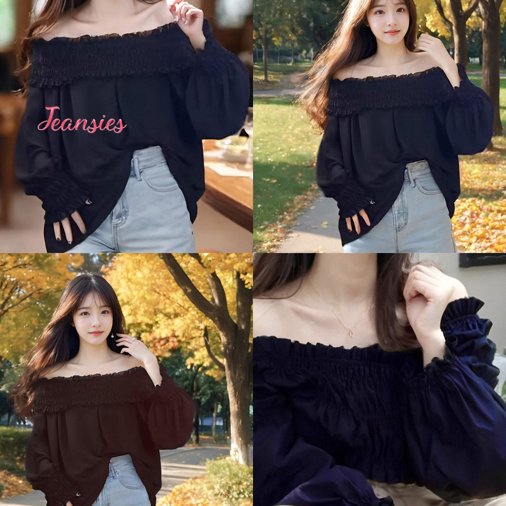 เสื้อคอปาดไหล่ สีดำ ดีไซน์ปีกผีเสื้อ แขนยาว
