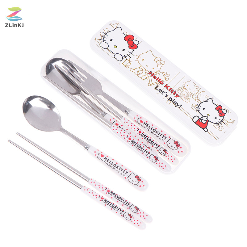Zlinkj Hello Kitty Sanrio ช้อนโลหะส้อมสับบนโต๊ะอาหารน่ารัก Kawaii อะนิเมะการ์ตูน 304 สแตนเลส PU กระเป๋าของขวัญเด็กใหม่