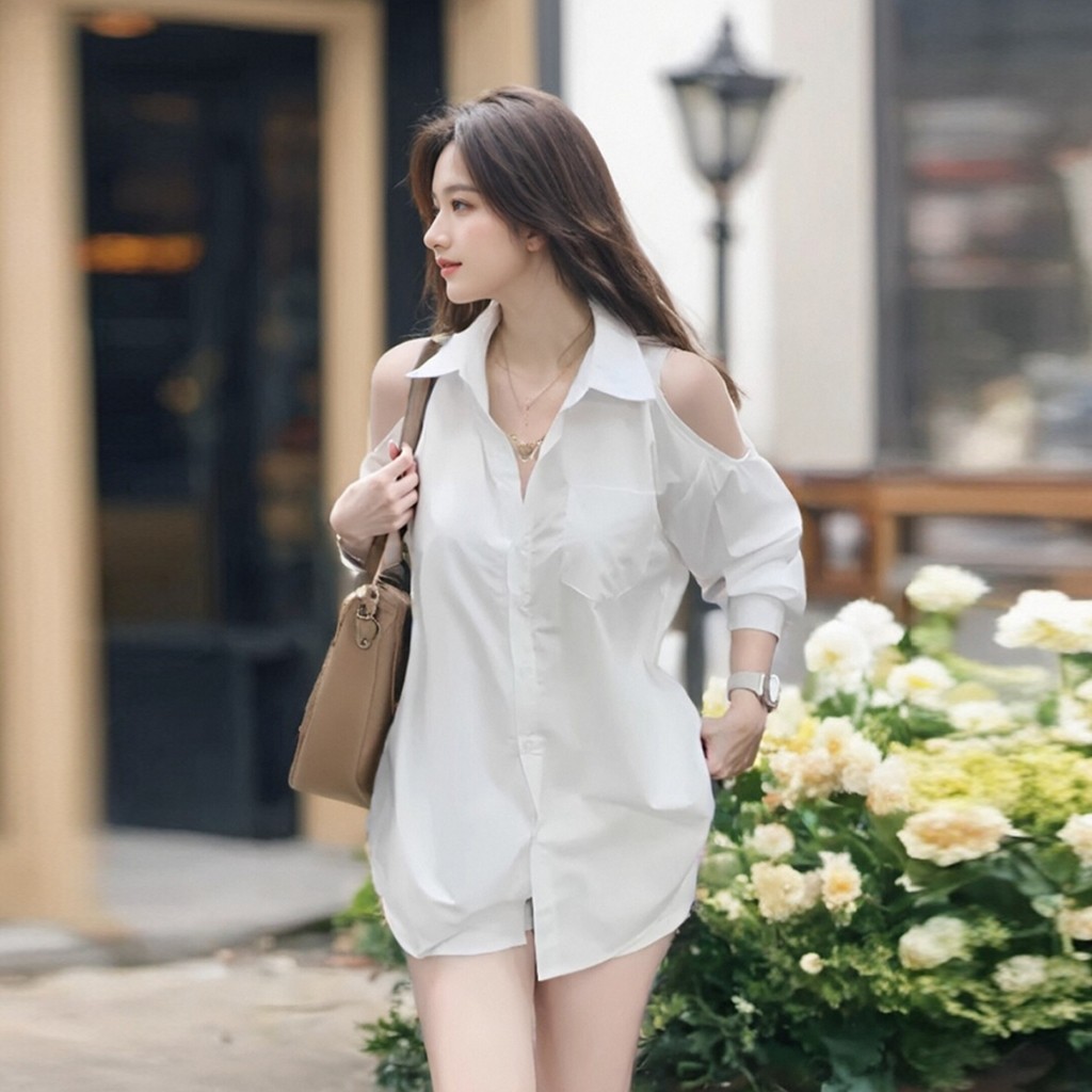 เสื้อเชิ้ตผู้หญิงแขนยาวคอปกใหม่ ดีไซน์เปิดไหล่
