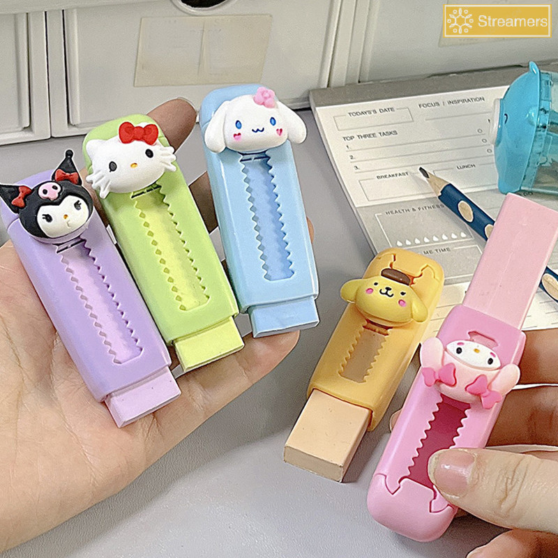 {Streamers} น่ารัก Sanrio Hello Kitty Push-Pull Eraser Scalable การ์ตูนยางลบ Sanrio Kuromi Cinnamoroll ยางลบรางวัลนักเรียนเครื่องเขียนของขวัญใหม่