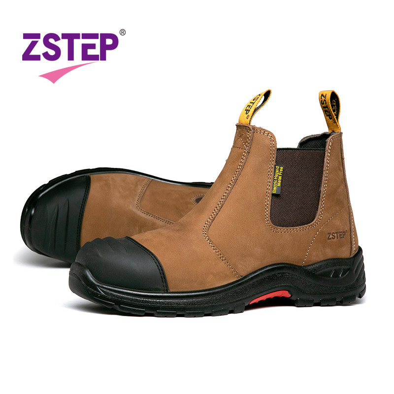Zstep รองเท้านิรภัยรองเท้านิ้วเท้าเหล็กเชลซีป้องกันการกระแทกป้องกันการเจาะสีน้ําตาลไซส์ 39-46
