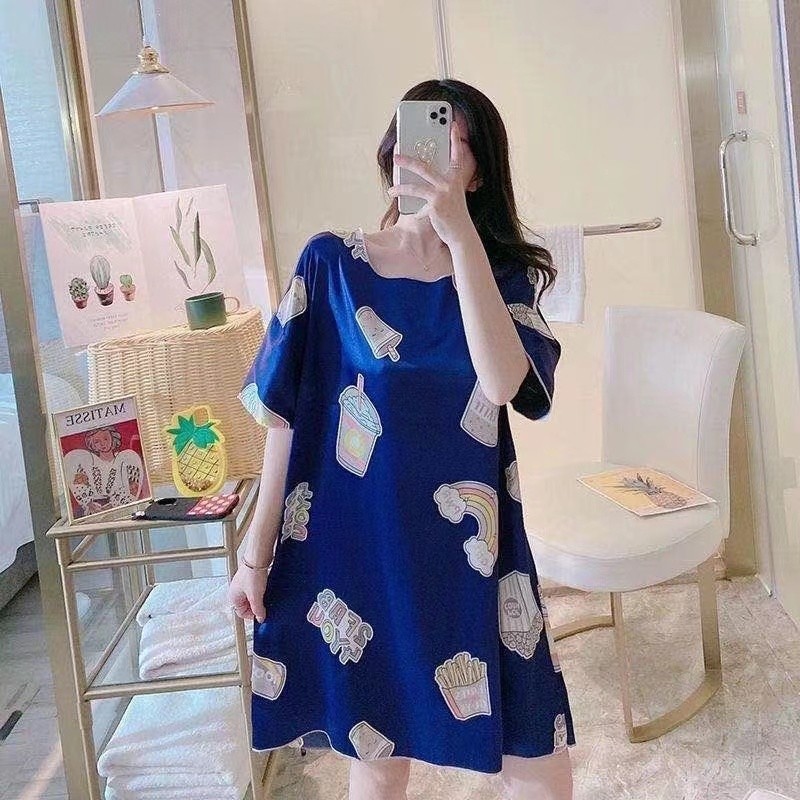 PC19 ชุดนอนกระโปรง ชุดนอนเดรส สไตล์เกาหลี ผ้าซาตินลายการ์ตูน Size M-2XL