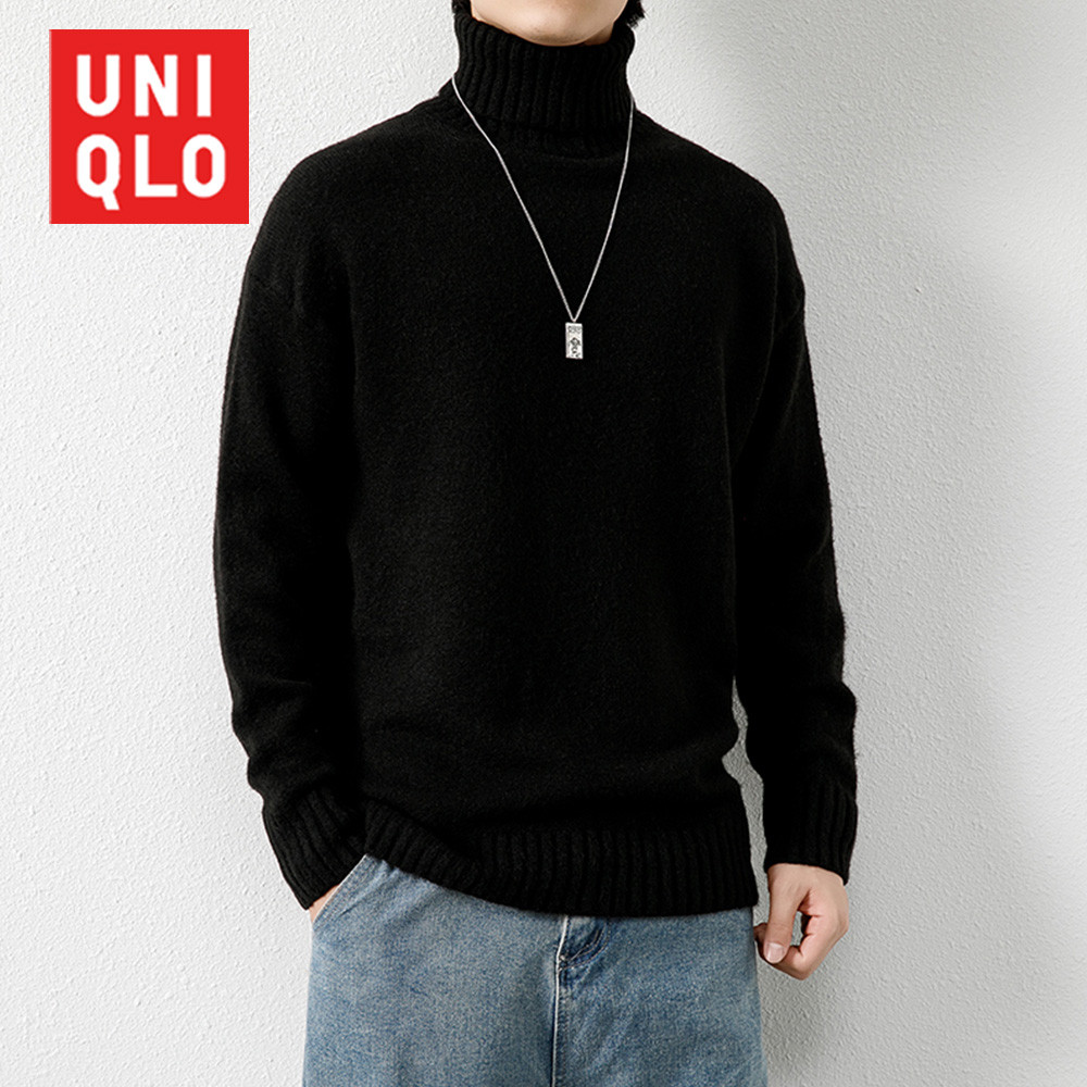 UNIQLO ยูนิโคล่ 2024 ฤดูใบไม้ร่วง/ฤดูหนาวใหม่เสื้อกันหนาวผู้ชายหนาสีทึบคอสูงถักเสื้อกันหนาว
