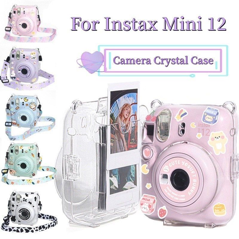 เกราะป้องกันกล้อง ฟรีสติกเกอร์น่ารักสําหรับ Instax มินิ 12 โปร่งใสเคสเก็บกล้องพร้อมสายรัดสําหรับ มินิ12 กระเป๋ากล้อง