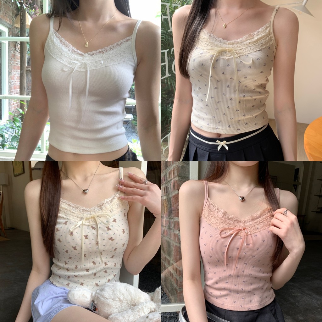 Anne เสื้อครอป มีฟองน้ำ ลายแบ๊วๆ ฟิลคาวาอี้ แต่งลูกไม้ ผ้ายืด เสื้อสายเดี่ยว สไตล์ลำลอง ใส่สบาย #FYH342