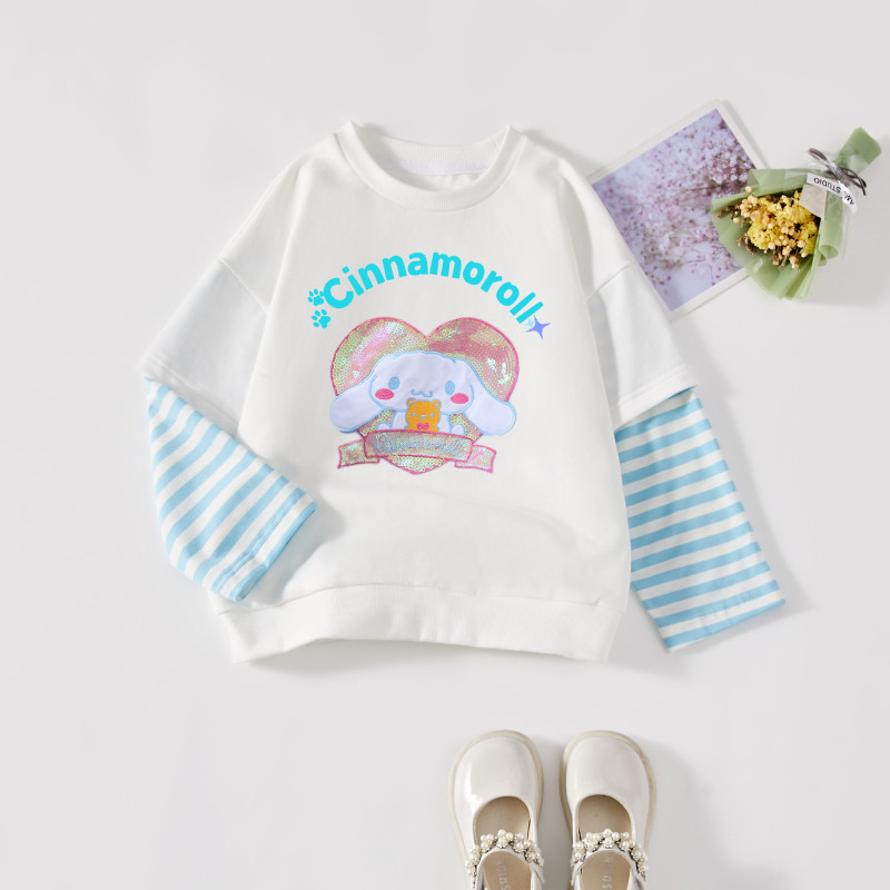 SANRIO ซานริโอ ฤดูใบไม้ร่วงสาวท็อปส์ผ้าฝ้ายสบายปลอมสองชิ้นแขนยาวสบายทารกแฟชั่นเด็กเสื้อผ้า