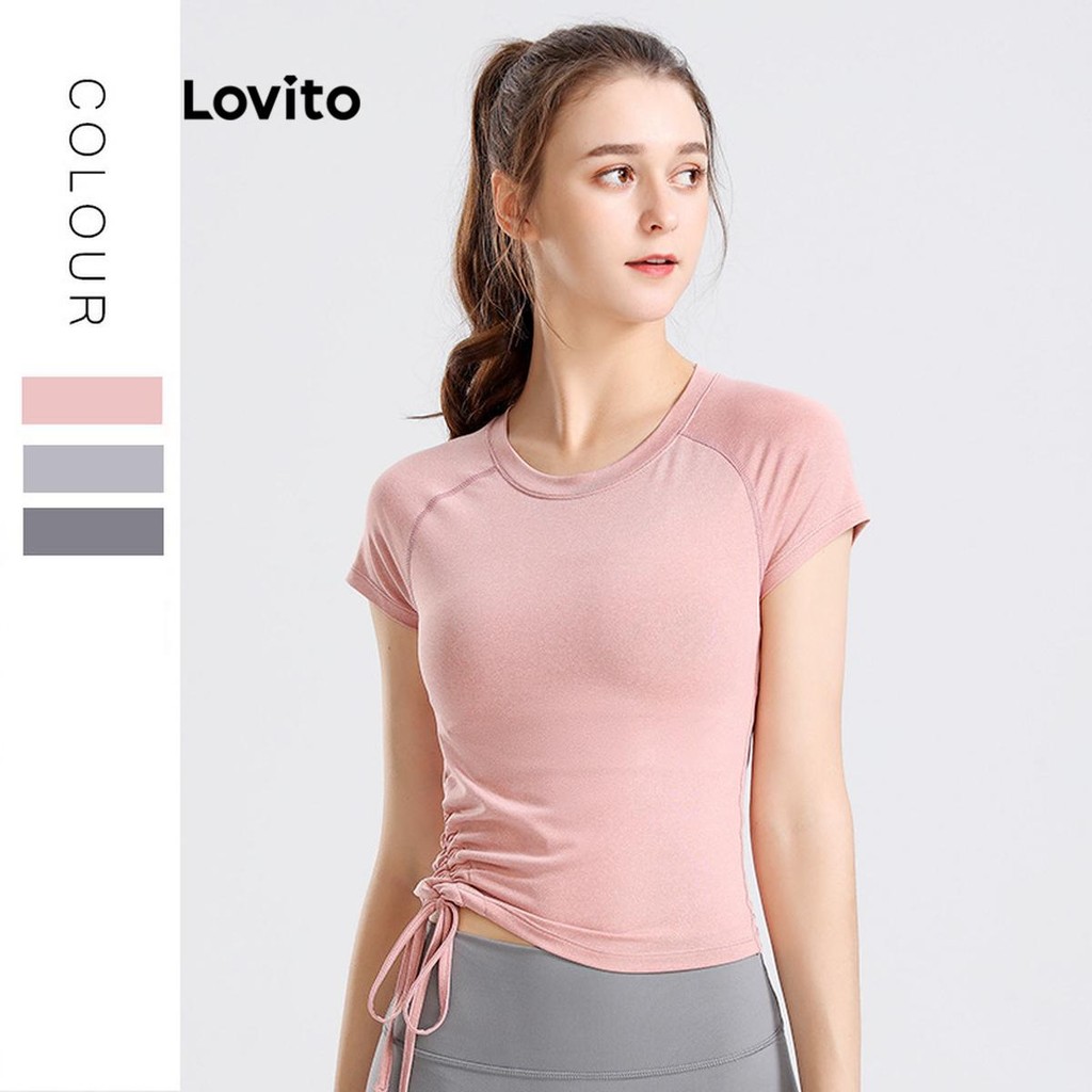 Lovito เสื้อยืดกีฬา สปอร์ต ธรรมดา เชือกรูด สำหรับผู้หญิง LNM72119