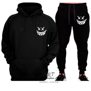 Conjunto Moletom Smiley Evil Estampa Blusa De Frio + Calça linha premium moleton canguru com bolso e capuz