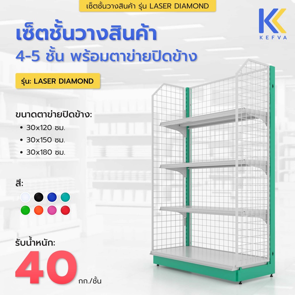 KEFVA เซ็ตชั้นวางสินค้า 4-5 ชั้น+ตาข่ายปิดข้าง(2 ชิ้น) ชุดต้น หลังตาข่าย สูง120/150/180 cm รุ่น Laser Diamond รับนน.40kg