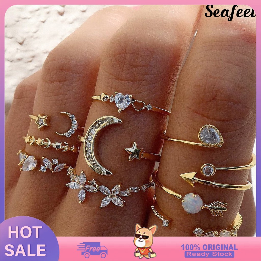[COD] 9 ชิ้น/เซ็ต Lady แหวนชุด Diverse รูปร่าง Rhinestone Decor Star Moon ผีเสื้อหัวใจตกแต่งปรับ Lad