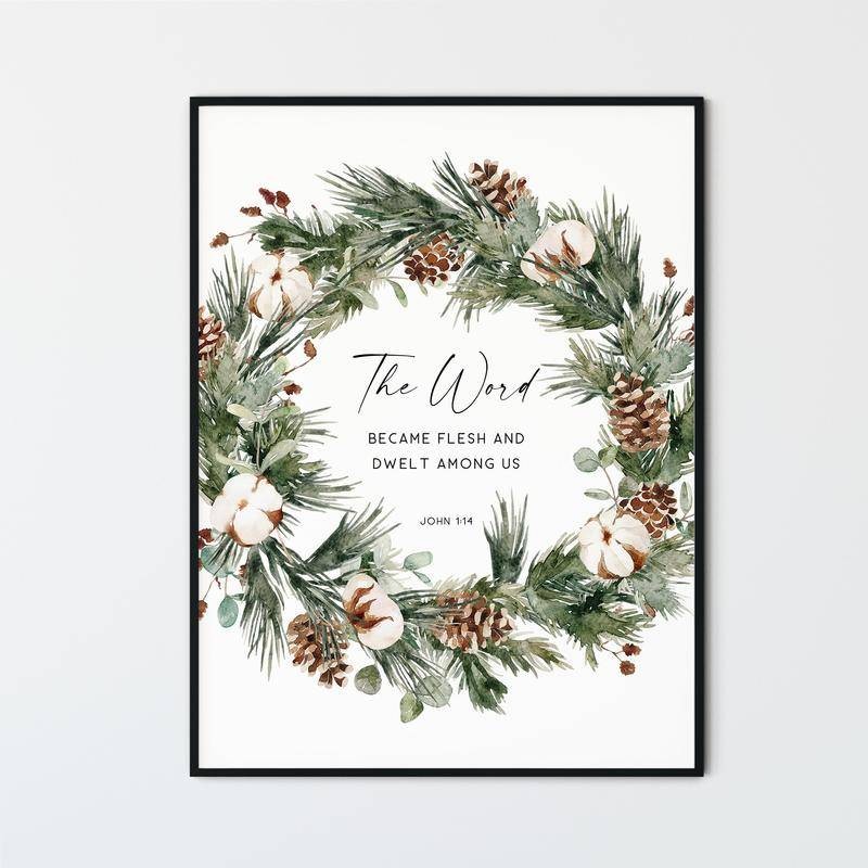 John 1 14 คริสต์มาสคริสเตียน Wall Art Bible Verse Wall Art ผ้าใบพิมพ์ Scripture ตกแต่งบ้าน Word Beca