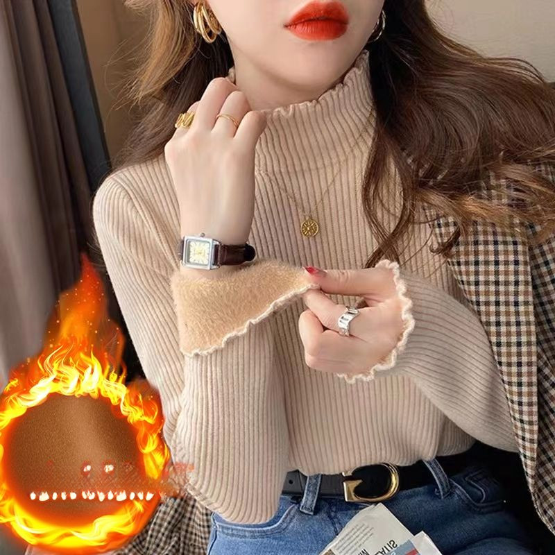 กันหนาว เสื้อคอเต่า เสื้อไหมพรม เสื้อคอเต่า ฮีทเทค เสื้อกันหนาวเสื้อถักคอกึ่งสูงบุขนกำมะหยี่หนาพิเศษมีความยืดหยุ่นสูงรุ่นใหม่สไตล์ฮอตขนแกะชิ้นเดียว