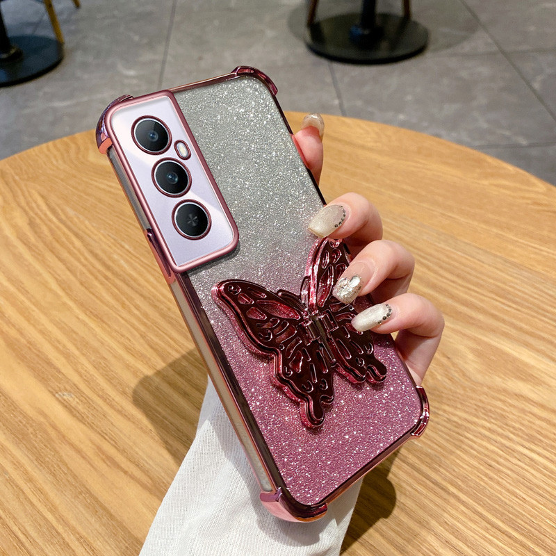 ปลอกสําหรับ Oppo A3 Pro 5G หรูหราสี่มุมป้องกันการหล่นผีเสื้อยืนยึดผงแวววาวฝาครอบป้องกัน