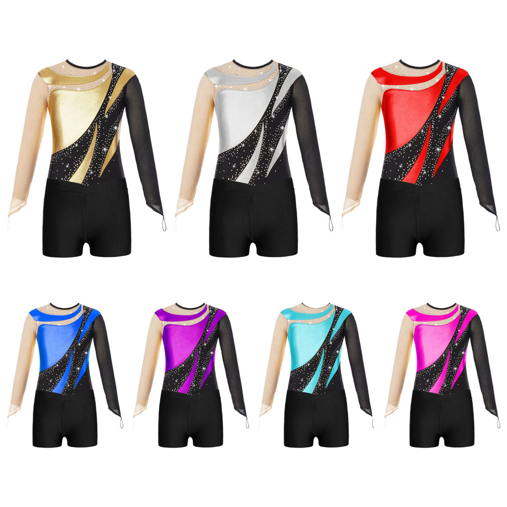 Sn - เด็กสาวยิมนาสติกรูปชุดสเก็ต Leotard ชุดบอดี้สูทเชียร์ตาข่ายแขนยาว Keyhole กลับ Jumpsuit พร้อมเอวกางเกงขาสั้น