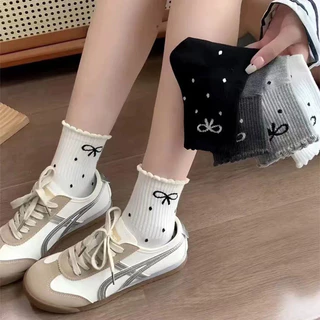 Polka Dot Bow ถุงเท้าผู้หญิงฤดูใบไม้ร่วงฤดูหนาวสไตล์ใหม่ญี่ปุ่น Influencer Sweat-