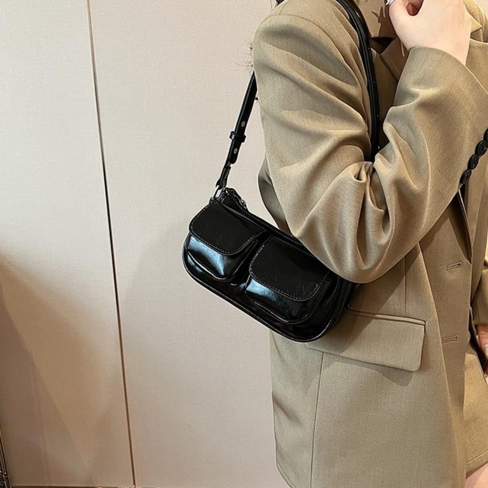 Sevenhalf กระเป๋าหนัง PU ใต้วงแขน, Y2K สายคล้องไหล่ปรับได้กระเป๋าสะพายกระเป๋า, Retro สีทึบซิปสไตล์เกาหลีผู้หญิงกระเป๋าถือกลางแจ้ง