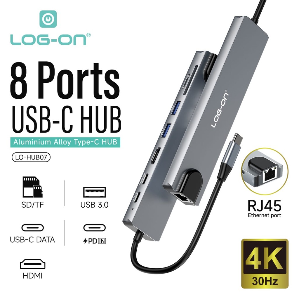 LOG ON 8in1 USB-C HUB Converter ถึง HDMI4K USB Micro SD การ์ด LO-HUB07 Dongle Ethernet RJ45