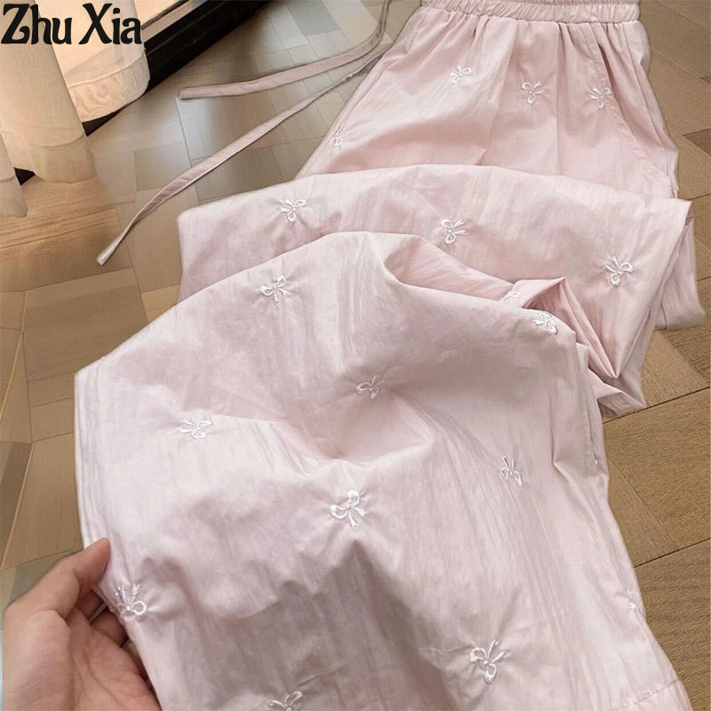 Zhu Xia กางเกงลําลองสุภาพสตรีปักโบว์หลวมตรงขาถูพื้นกางเกงขากว้าง