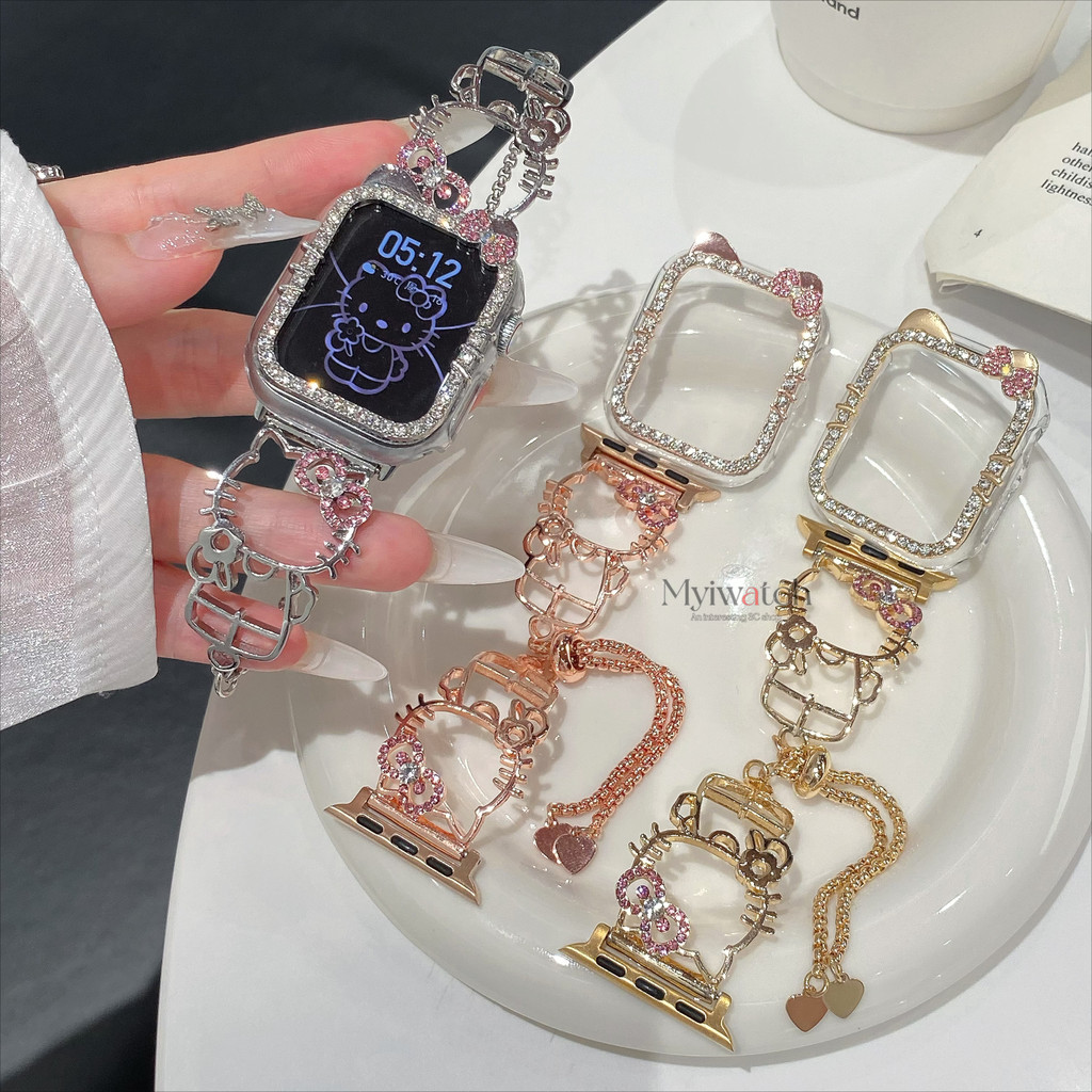 Band + CoverKitty Hollow Diamond การ์ตูนโซ่โลหะสําหรับ iWatch series 11 10 9 8 7 6 5 4 SE 3 2 1 สุภาพสตรีบางสายรัดข้อมือสําหรับ iwatch Band 46 มม.49 45 มม.44 มม.41 มม.40 มม.38 มม.42 มม.