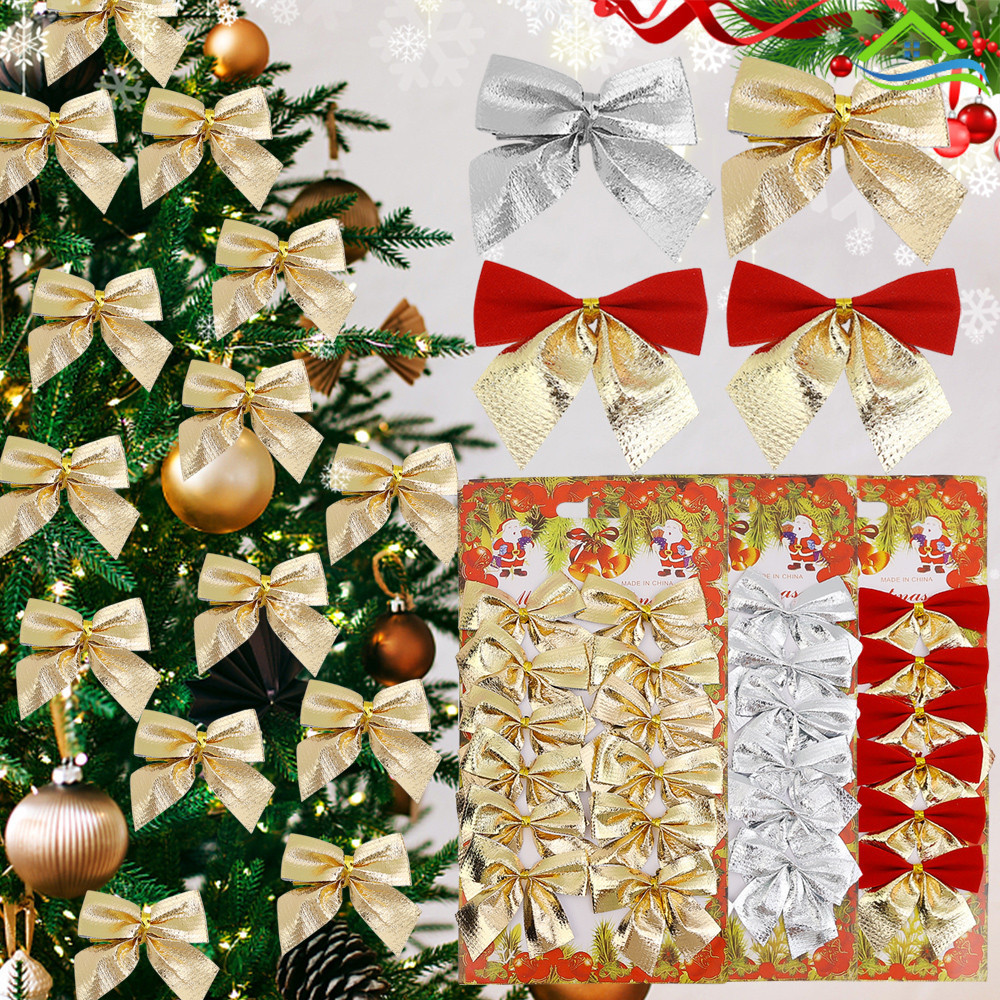 12 ชิ้น/เซ็ตคริสต์มาสคลาสสิกสี Glitter Mini Bowknots - พวงหรีดต้นคริสต์มาส DIY เครื่องประดับโบว์ - บ้านตกแต่งปีใหม่