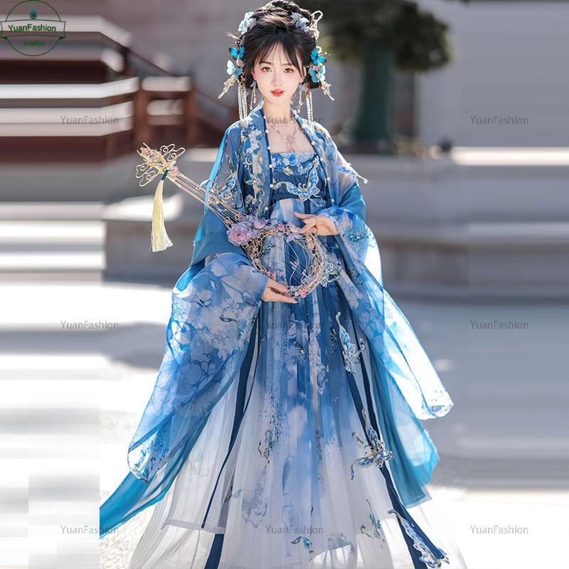 [คลังสินค้าพร้อม] Hq เย็บปักถักร้อยหน้าอกกระโปรงสีฟ้า HanFu Tang เสื้อผ้าฤดูร้อนผู้หญิง Han เสื้อผ้าจีนการฟื้นฟูที่สมบูรณ์แบบ