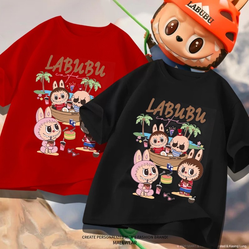 D874（พร้อมส่งจากไทย）เสื้อยืดแขนสั้ง สำหรับชายและหญิง.ลายLABUBUแฟชั่งน่ารัก