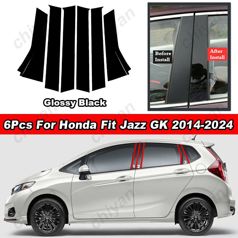 6 ชิ้นเคลือบเงาเปียโนสีดํารถประตูหน้าต่างเสาโพสต์ Trim ฝาครอบ BC คอลัมน์คาร์บอนไฟเบอร์สติกเกอร์ชุด Auto อุปกรณ์ภายนอกตกแต่งจัดแต่งทรงผมสําหรับ Honda Fit Jazz GK 2014-2024