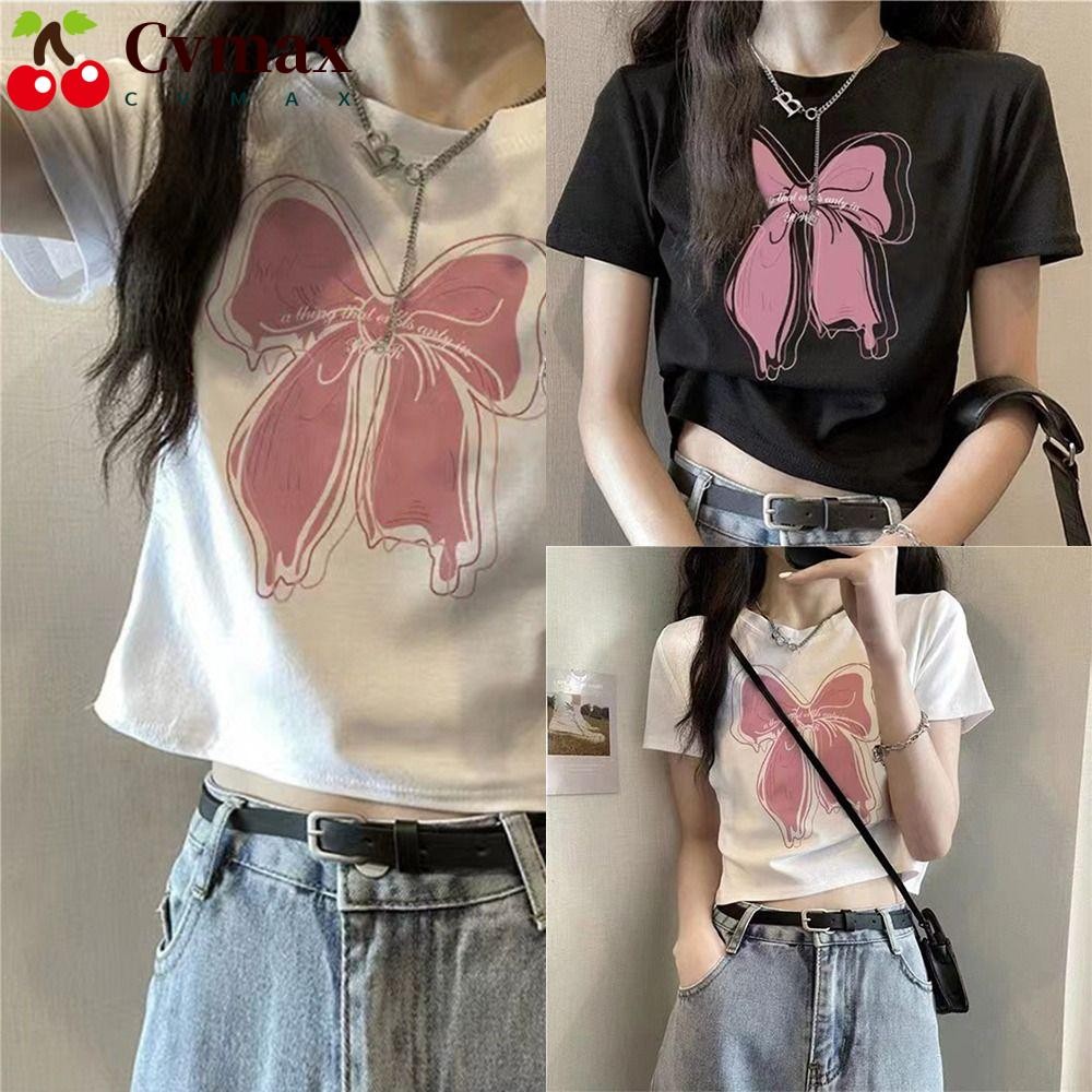 Cvmax เสื้อยืดแขนสั้น,เสื้อยืดผู้หญิงสไตล์เรียบง่ายเข้ารูป,เสื้อตัวสั้นระบายอากาศทรงโอนิชขนาดเล็ก